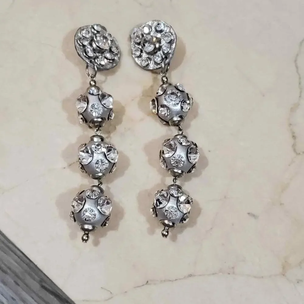 Vintage Style Silver Tone Crystal Tiered Sphere Clip On Drop Statement Earrings